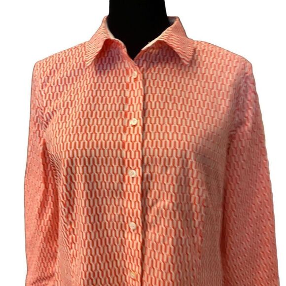Talbots Coral and White Geometric Print Fitted Button Down Top Size 12 - Picture 2 of 14